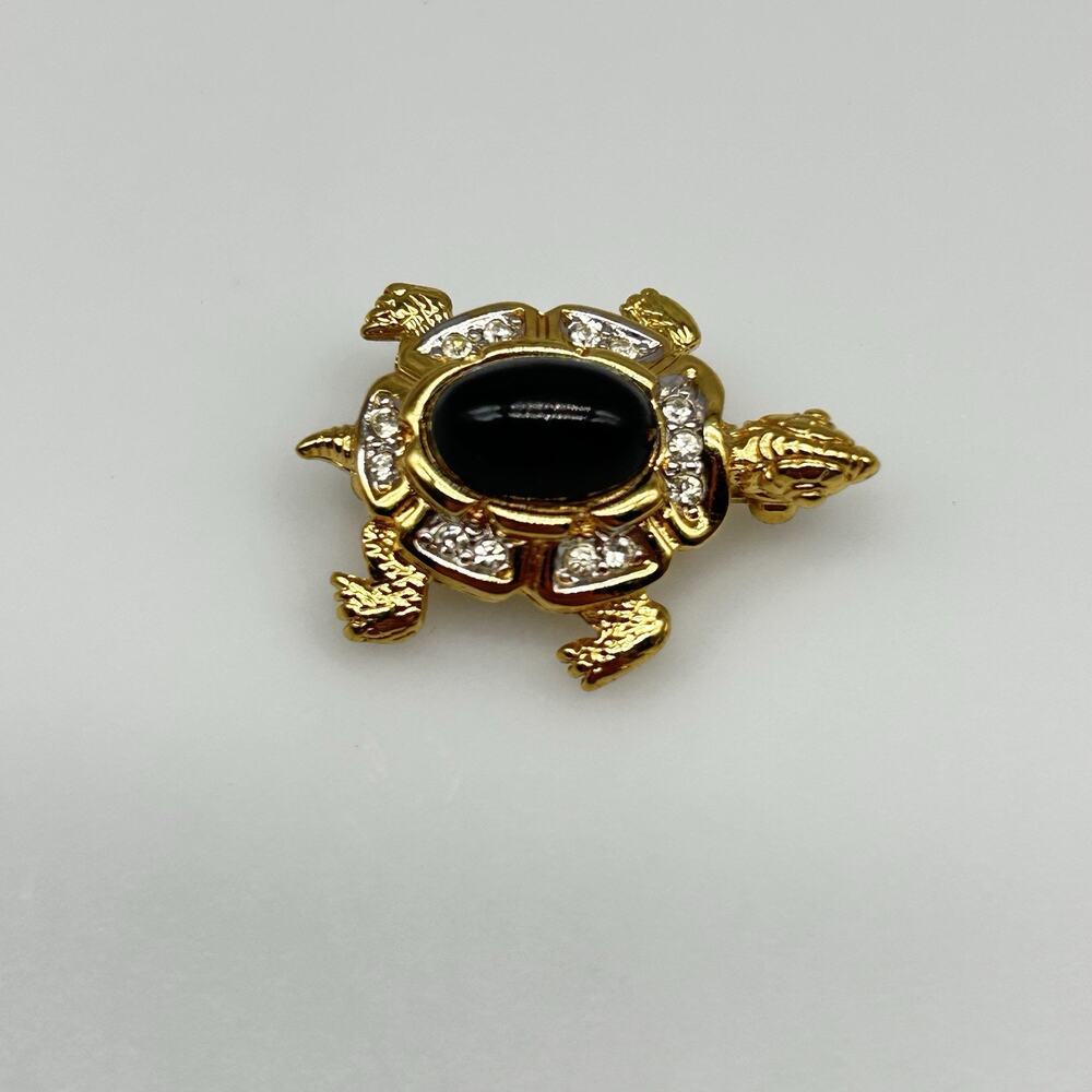 Vintage D’Orlan Gold Tone Rhinestone Turtle Brooch Pin Glass Cabochon